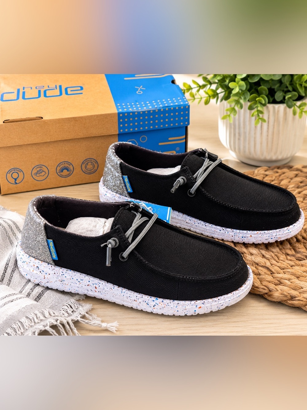 Hey Dude Wendy Youth Disco Black Glitter Slip On Shoes US 12 EU37 NWT Box